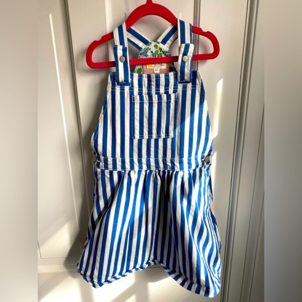 Mini Boden Girls Striped Overall Denim Dress. Size 6-7